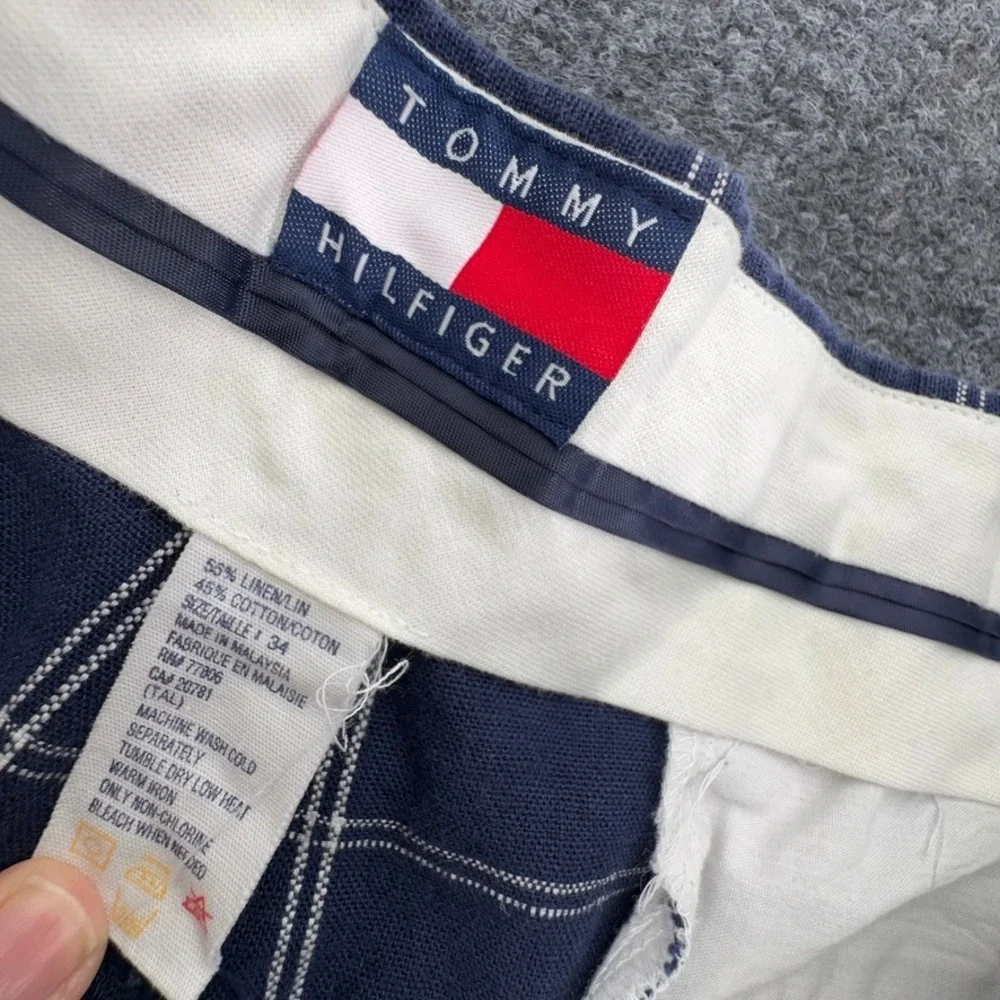 Tommy Hilfiger Mens 34 Blue Plaid Linen Cotton Pleated Shorts Side Adjusters